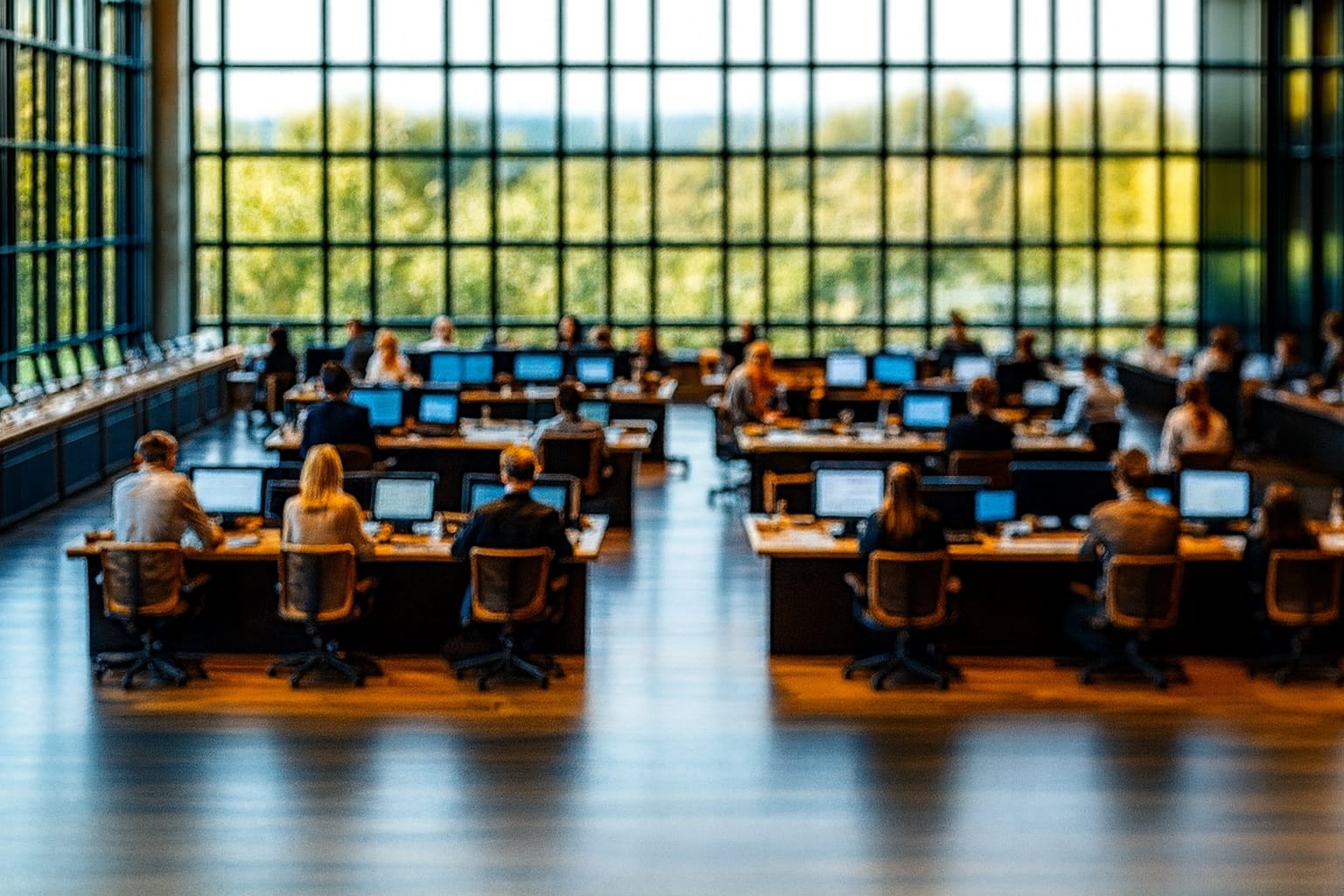 Modern açık ofis ortamında bilgisayar başında çalışan profesyoneller, geniş cam pencerelerden gelen doğal ışıkla aydınlatılmış çalışma alanı.